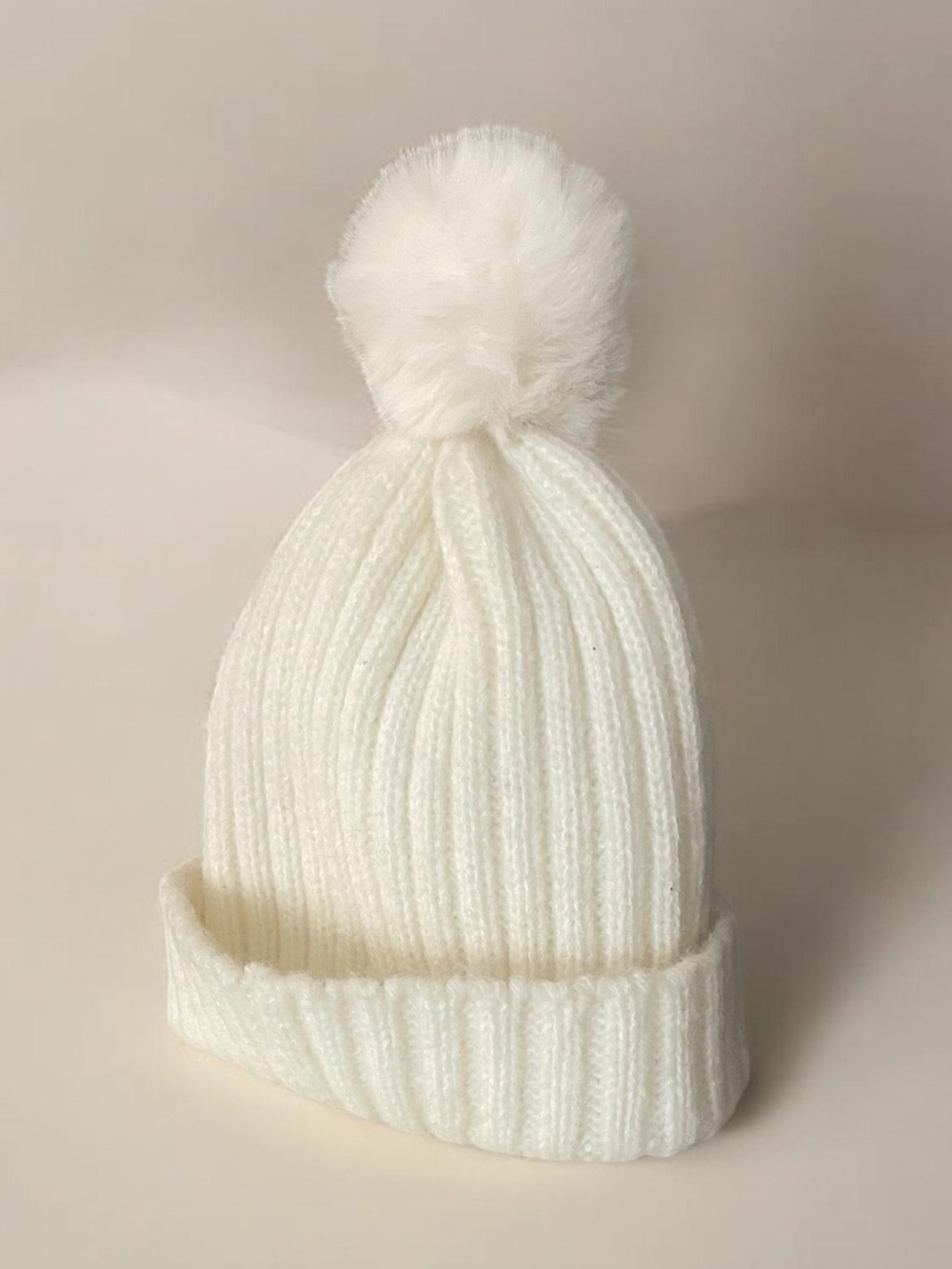 Kids White Pom-Pom Knit Beanie